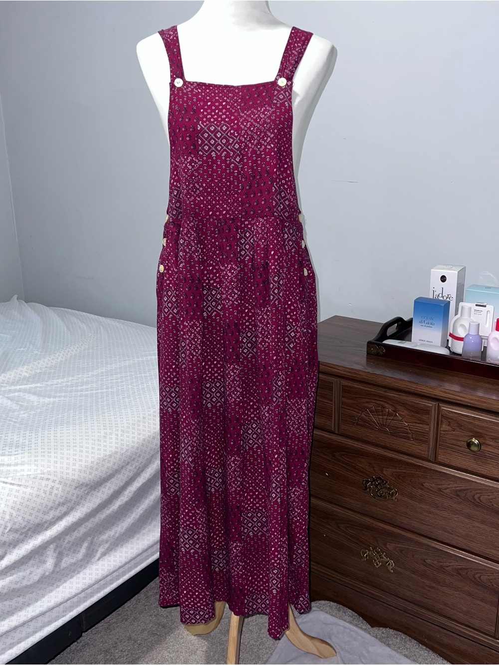 Vintage Energie Midi Maxi Dress Burgundy Pinafore Paisley Cottagecore Boho Y2K M